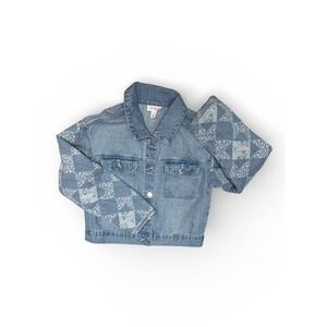 Cat & Jack Girls Quilted Sleeve Jean Jacket Large light wash denim Snap Floral